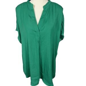 Maison d' Amelie Paris XL Green Tunic Blouse V-Neckline Short Sleeves Preppy